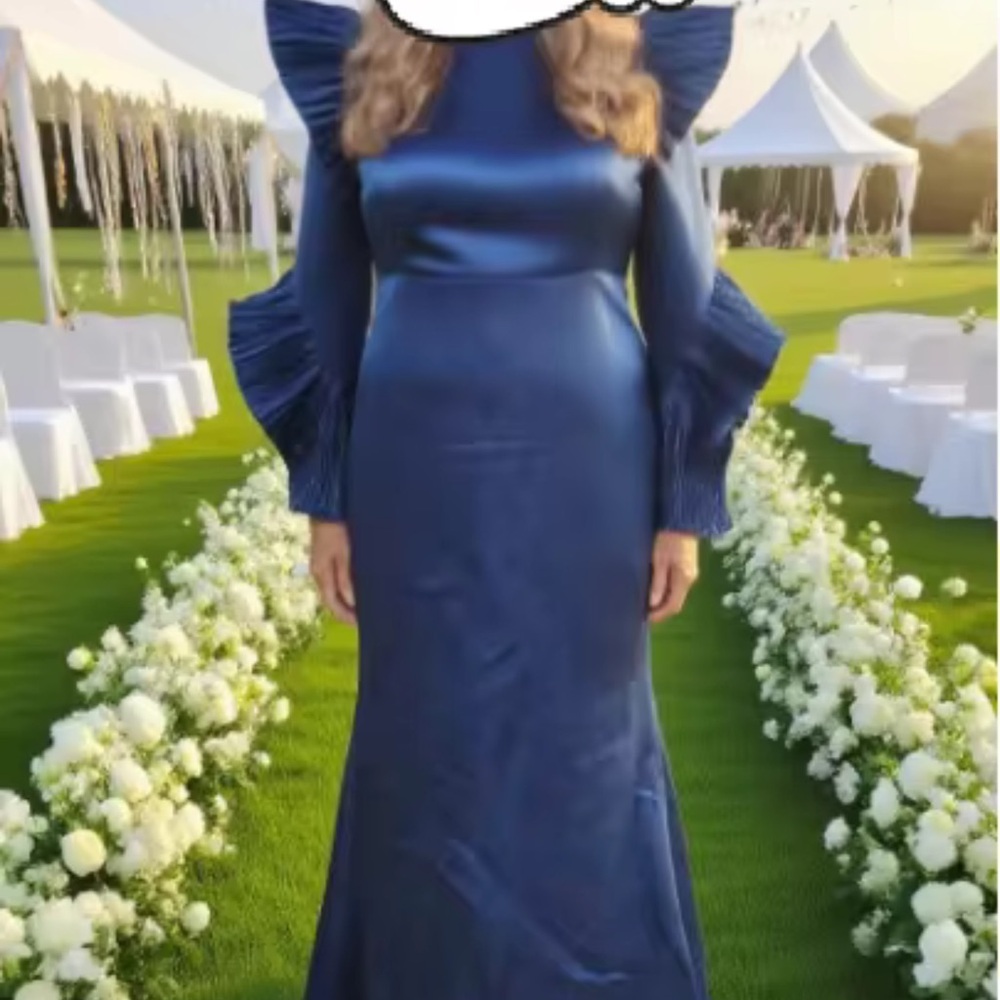 Elegant Navy Blue Gown with Ruffled Sleeves